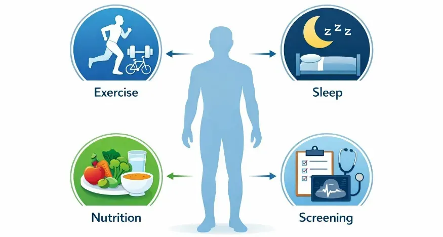 Clean medical-style 4x4 image of healthy behaviors surrounding a human silhouette (exercise, sleep, nutrition, screening)