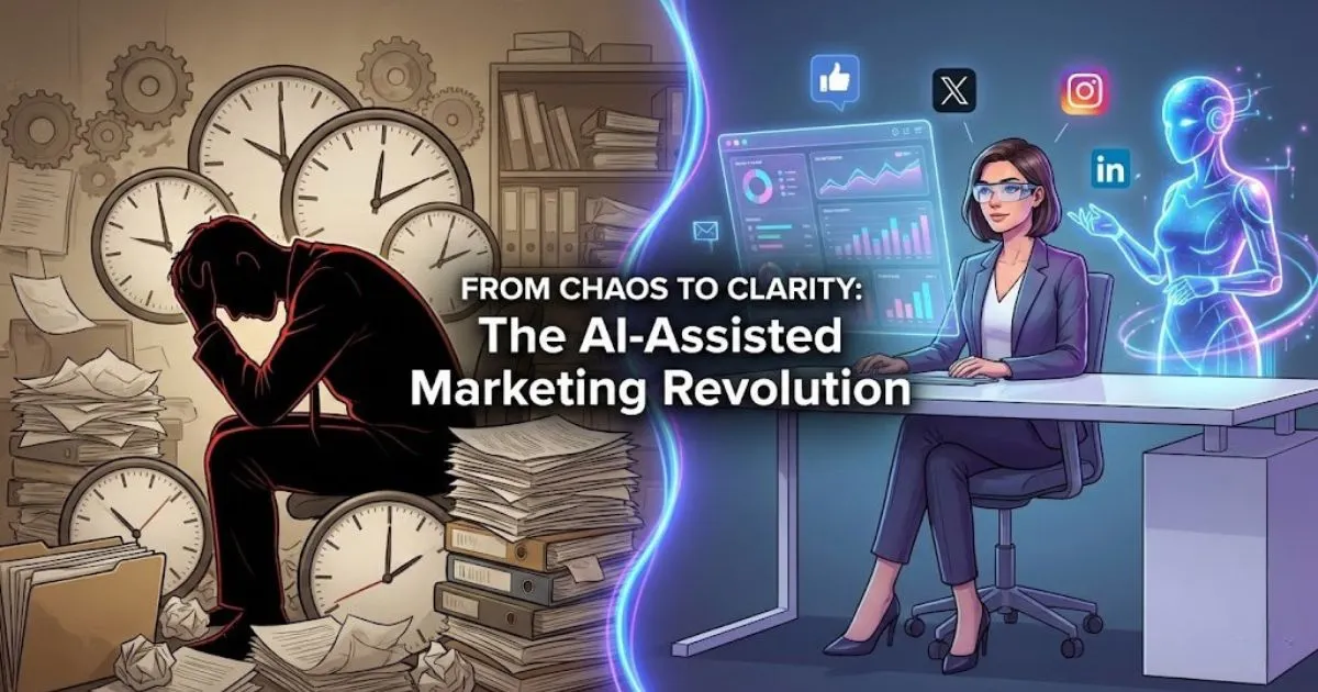 A social media manager transitioning from overworked chaos to organized AI-assisted strategy.