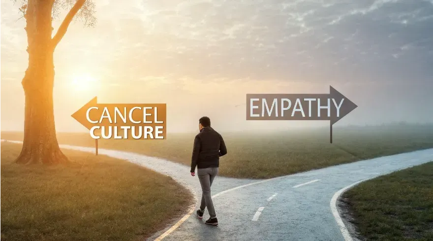 image of a person standing at a crossroads sign marked with "Cancel Culture" and "Empathy," symbolizing the choice between judgment and understanding.