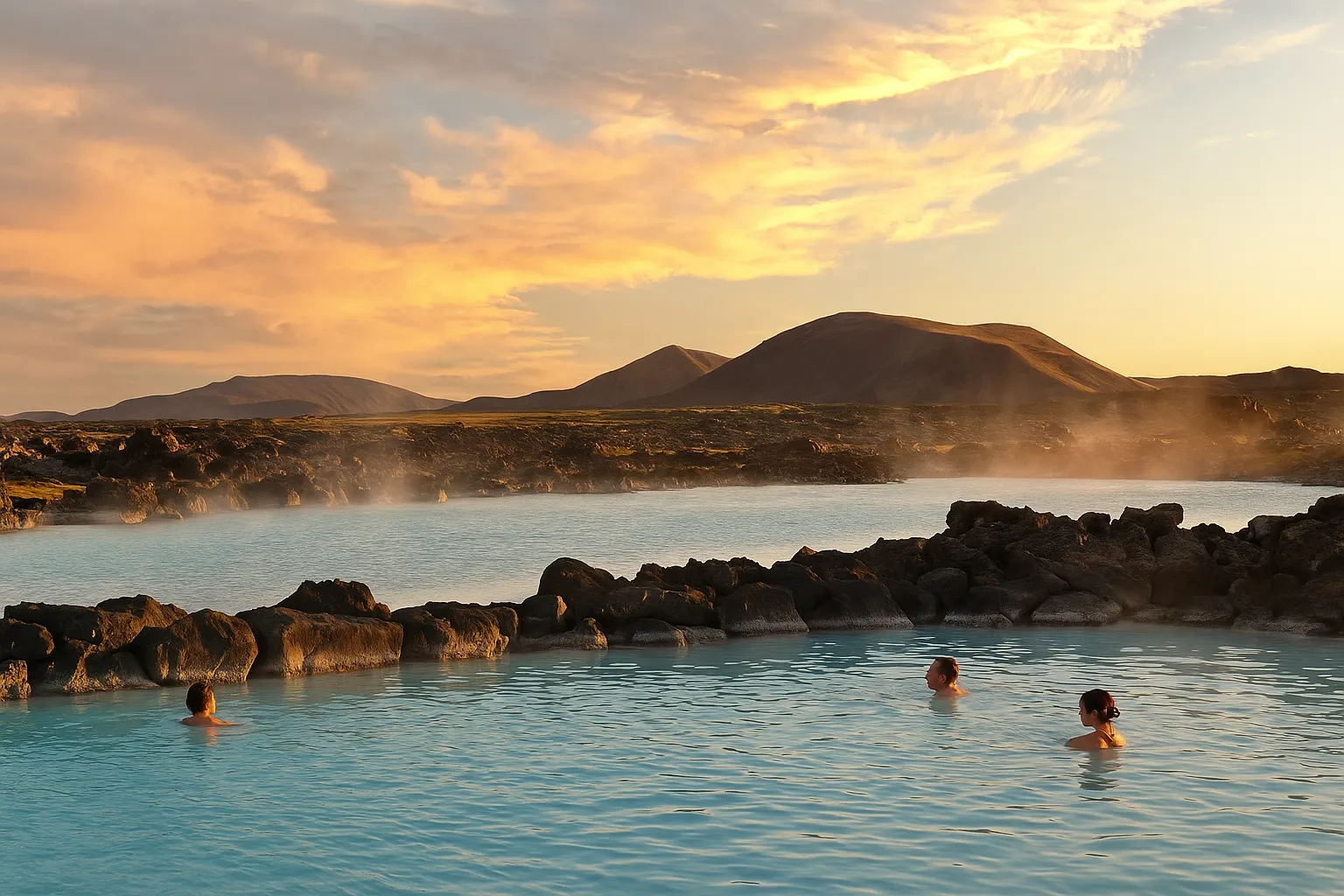 Tranquil geothermal lagoon at Mývatn Nature Baths with black lava rocks, light mist, and golden hour skies