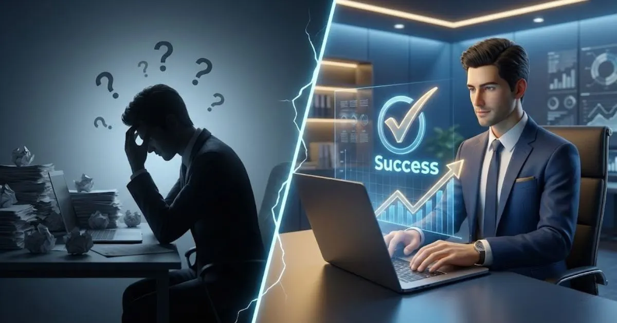 A business owner transitioning from stress to success using AI predictive analytics tools.