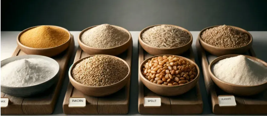 a detailed, side-by-side comparison of ancient grains versus modern wheat. Each type of grain is displayed in a distinct bowl.