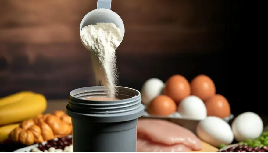 A powder scooper pouring protein powder into a mixer with eggs and meat in the background.