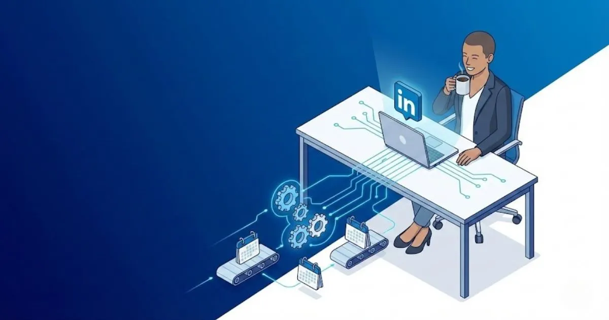 A relaxed entrepreneur managing a systemized LinkedIn growth strategy from a digital command center.