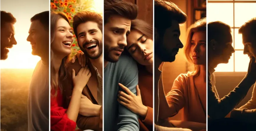 three separate images of a couple laughing together, comforting each other, and having a serious discussion in distinct settings. 