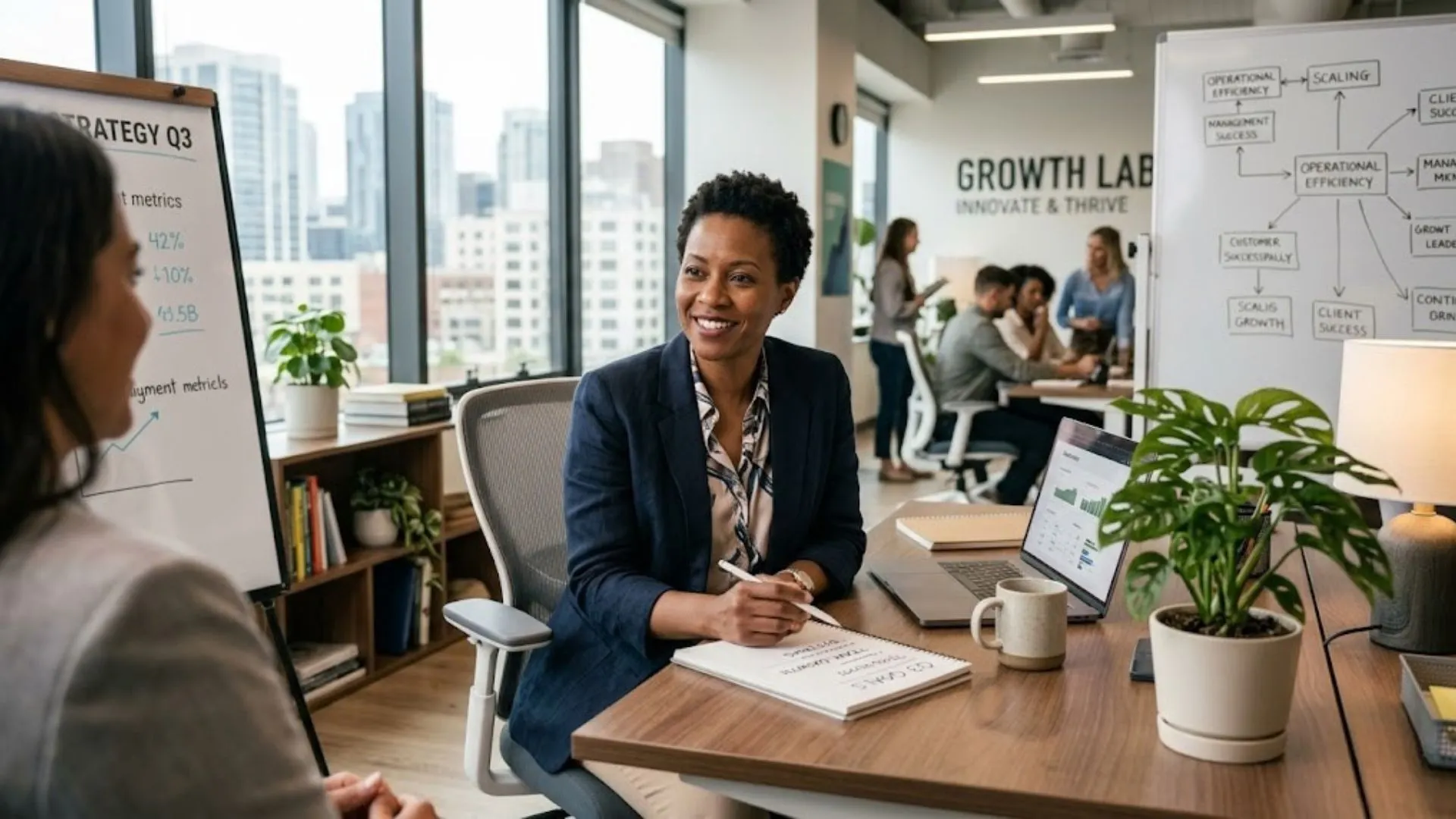 A confident small business owner working efficiently at a desk, representing the time-saving benefits of Expert AI Prompts.