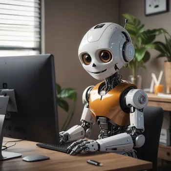 super cute robot working in front of computer