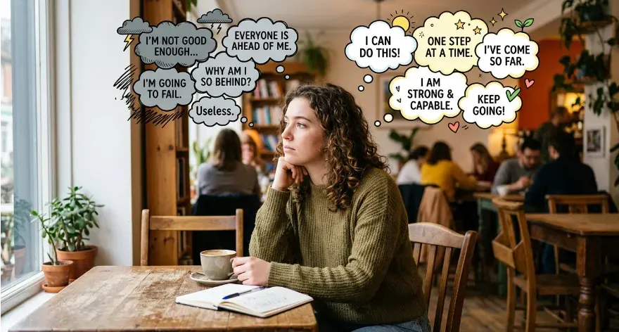 Illustration of internal dialogue showing negative self-talk affecting mental health.