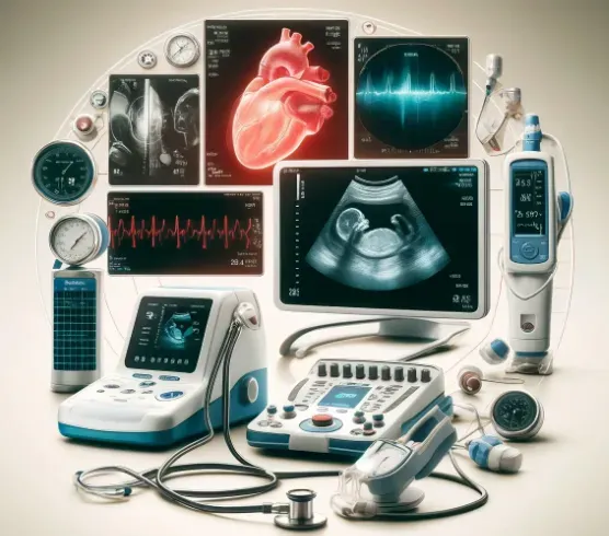 A montage of medical diagnostic tools such as blood pressure monitors, ECG, and ultrasound images.