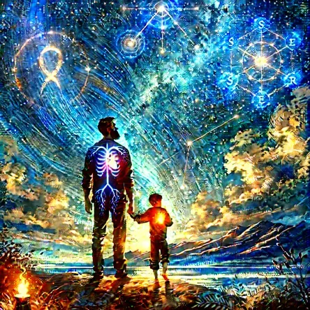 Symbolic digital painting of a father and son standing on a glowing frequency bridge between generations, representing energetic healing, Human Design alignment, and sacred connection.