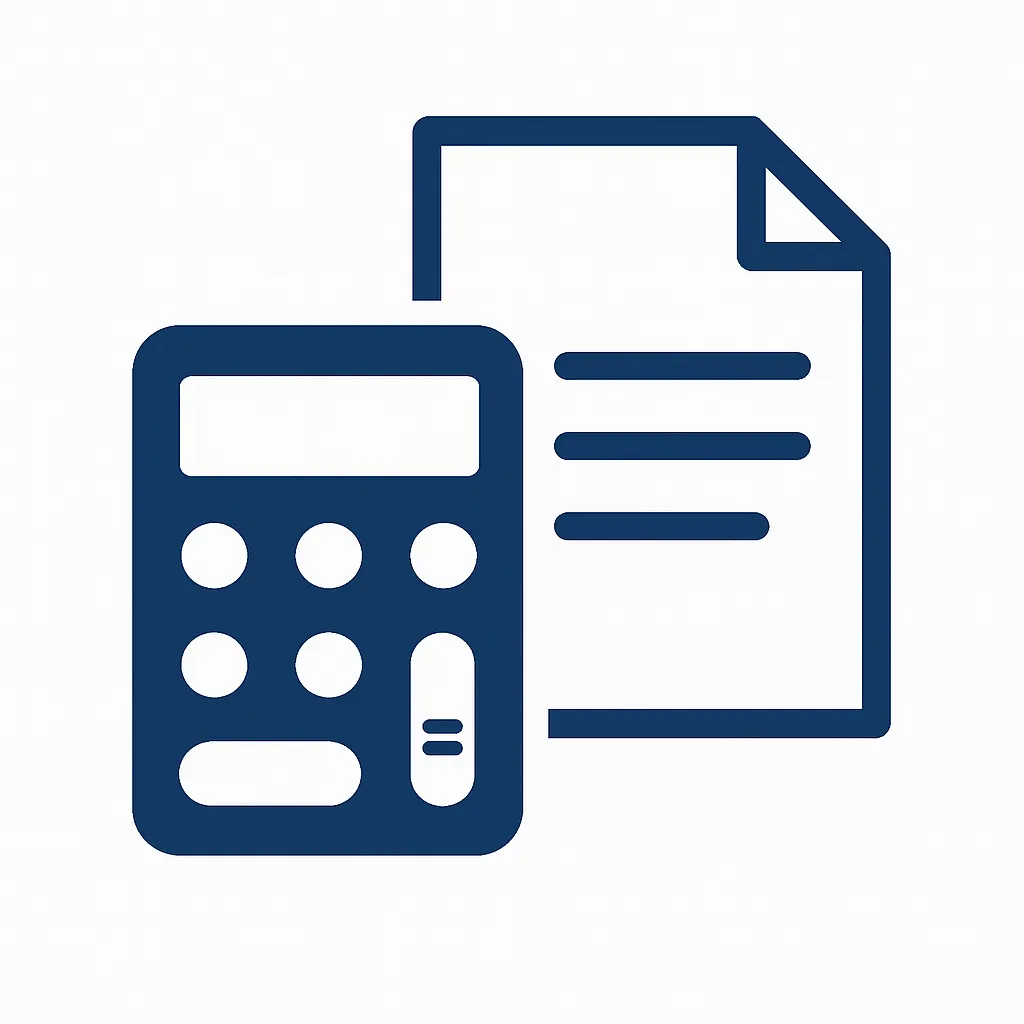 Flat vector icon showing a dark blue calculator and document on a white background, representing a financial tool for estimating missed revenue.