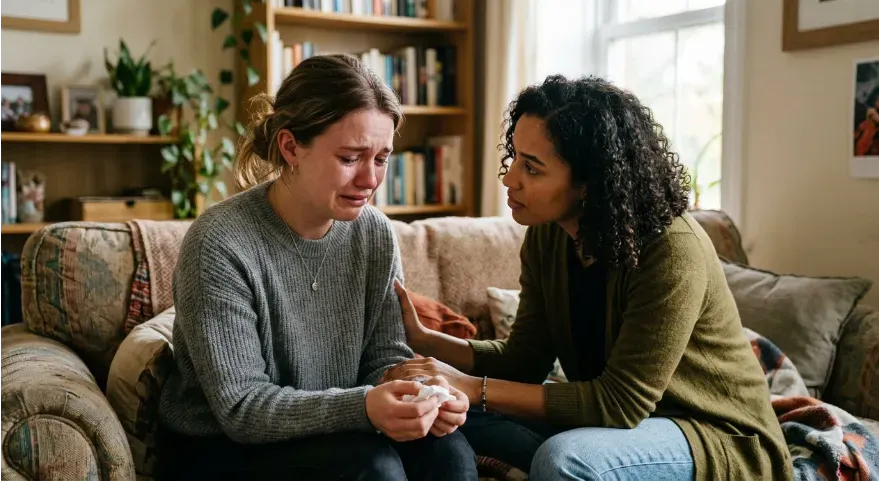 Person attentively listening to a friend expressing emotional distress.