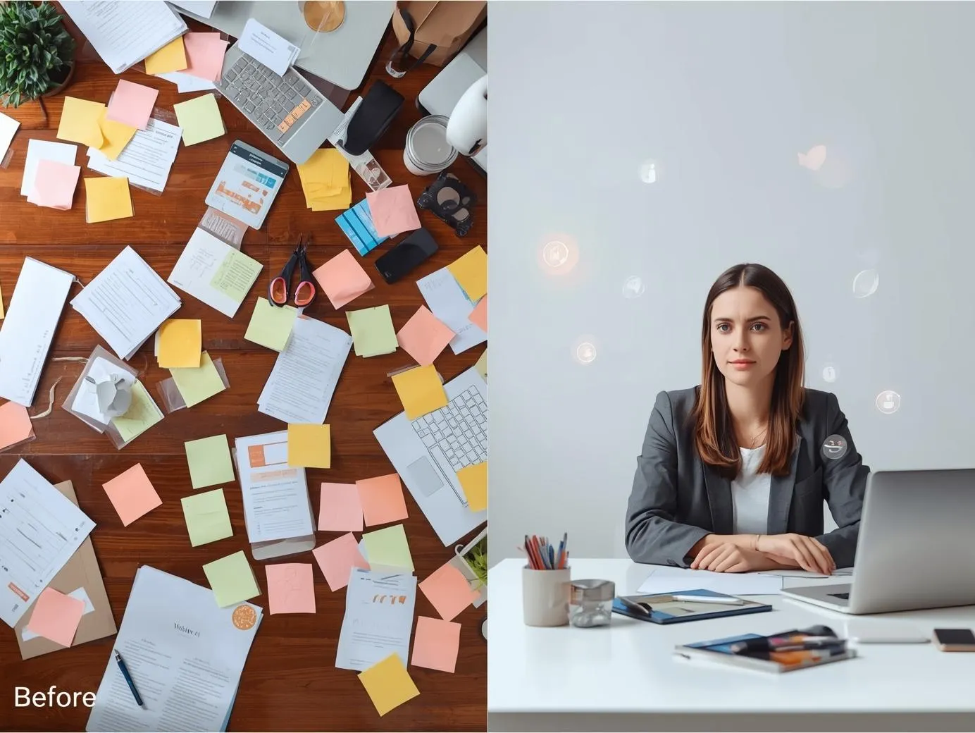 A small business owner looking confident and strategic at their desk, using AI for their small business to streamline workflows and achieve growth.