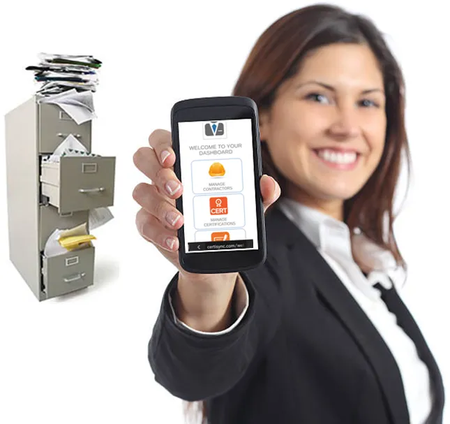woman holding smartphone with dedicated client dashboard displayed