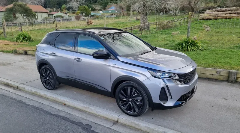 A silver Peugeot 3008 GT SUV is parked on the side of a suburban road. The vehicle has black alloy wheels, tinted windows, and a sleek, modern design. In the background, there are green fields, trees, and houses, with a few logs and a fence visible. The scene is set under an overcast sky, contributing to a calm, rural atmosphere.