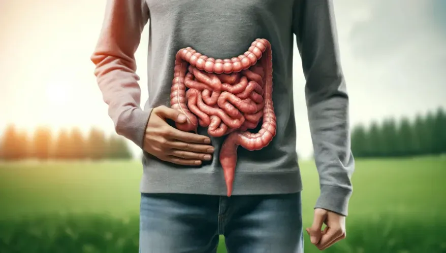 a person standing outdoors with a transparent view of the human intestines superimposed on their abdomen.