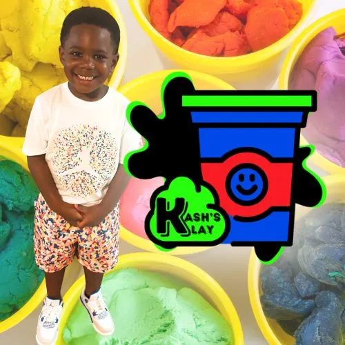 Kash with his vibrant play dough and slime creations for Kash's Klay