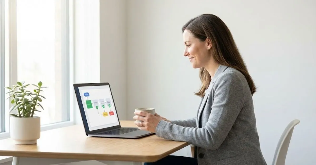 A confident small business owner reviewing a streamlined AI content strategy.