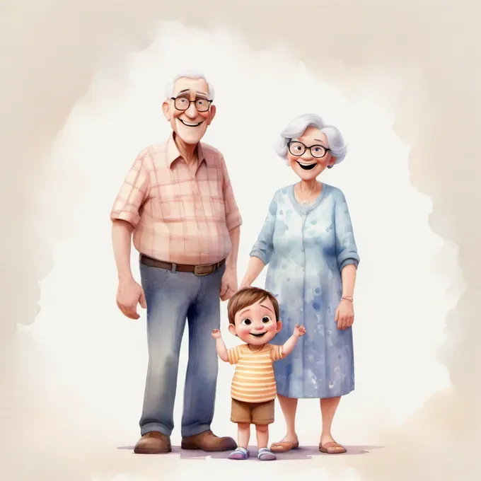 grandparents with their grandchild smiling in front of camera