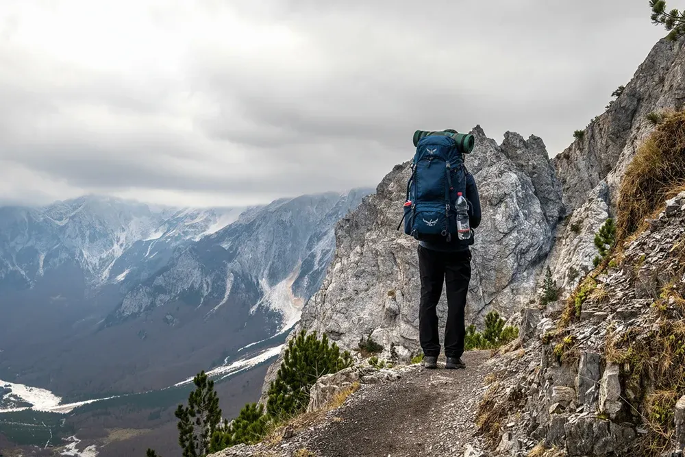 Matthew Storer hiking in the mountains with his backpack and camping gear on the trail