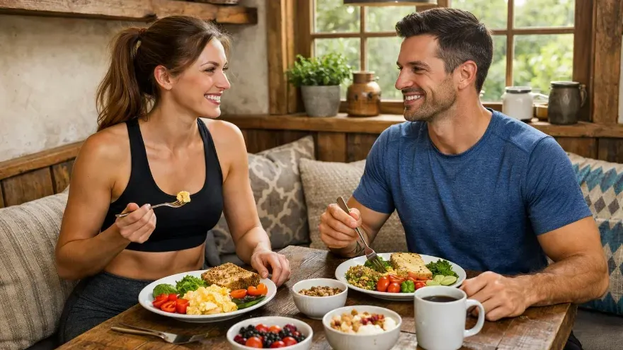 A couple sitting in a rustic breakfast nook at home eating a balanced meal. They are in workout clothes, look lean and fit, and their faces look happy and healthy.