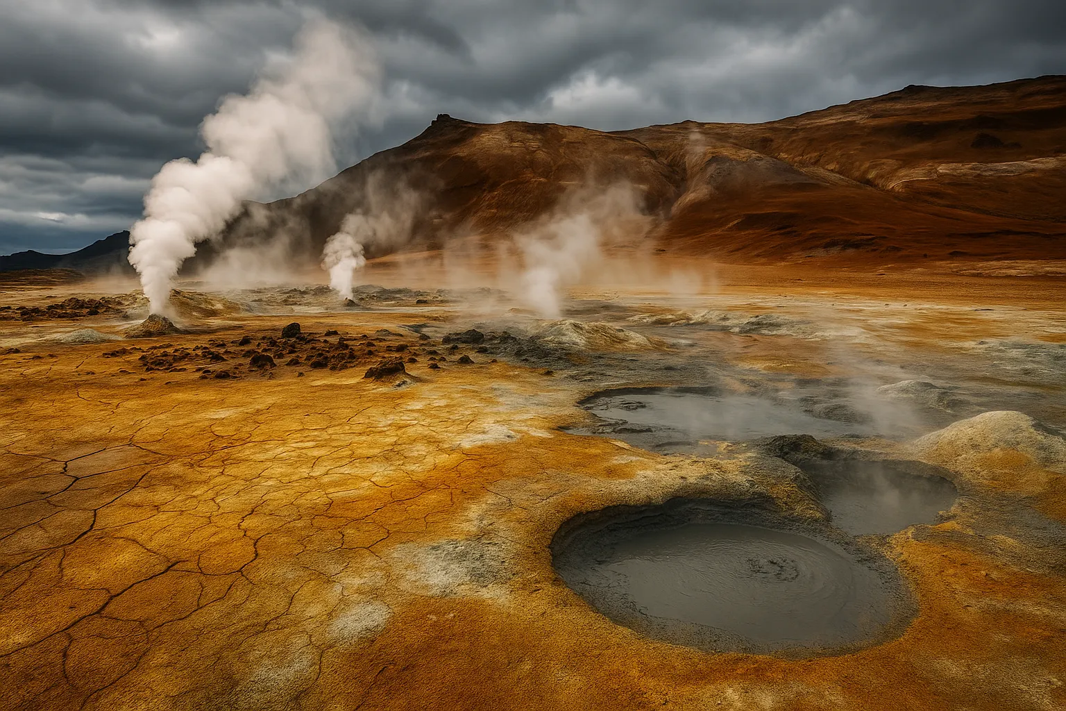 Fumaroles and steaming sulphur vents in the Mývatn geothermal area with cracked earth and a smoky atmosphere surrounded by rugged lava rock