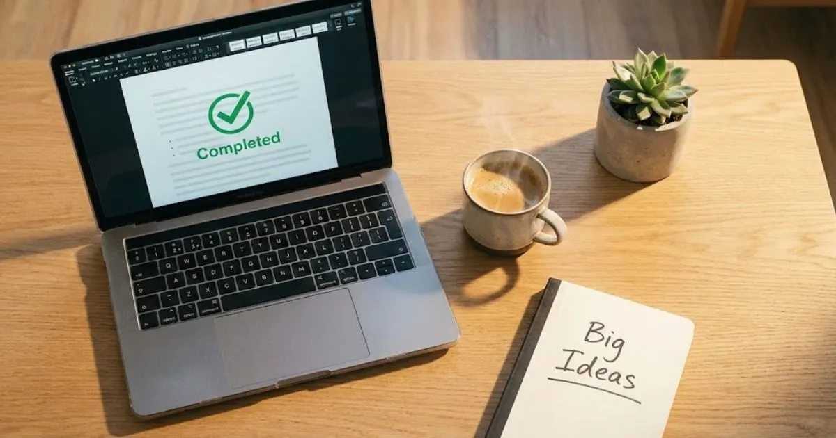 Laptop on a tidy desk showing a completed document, representing overcoming writer's block.