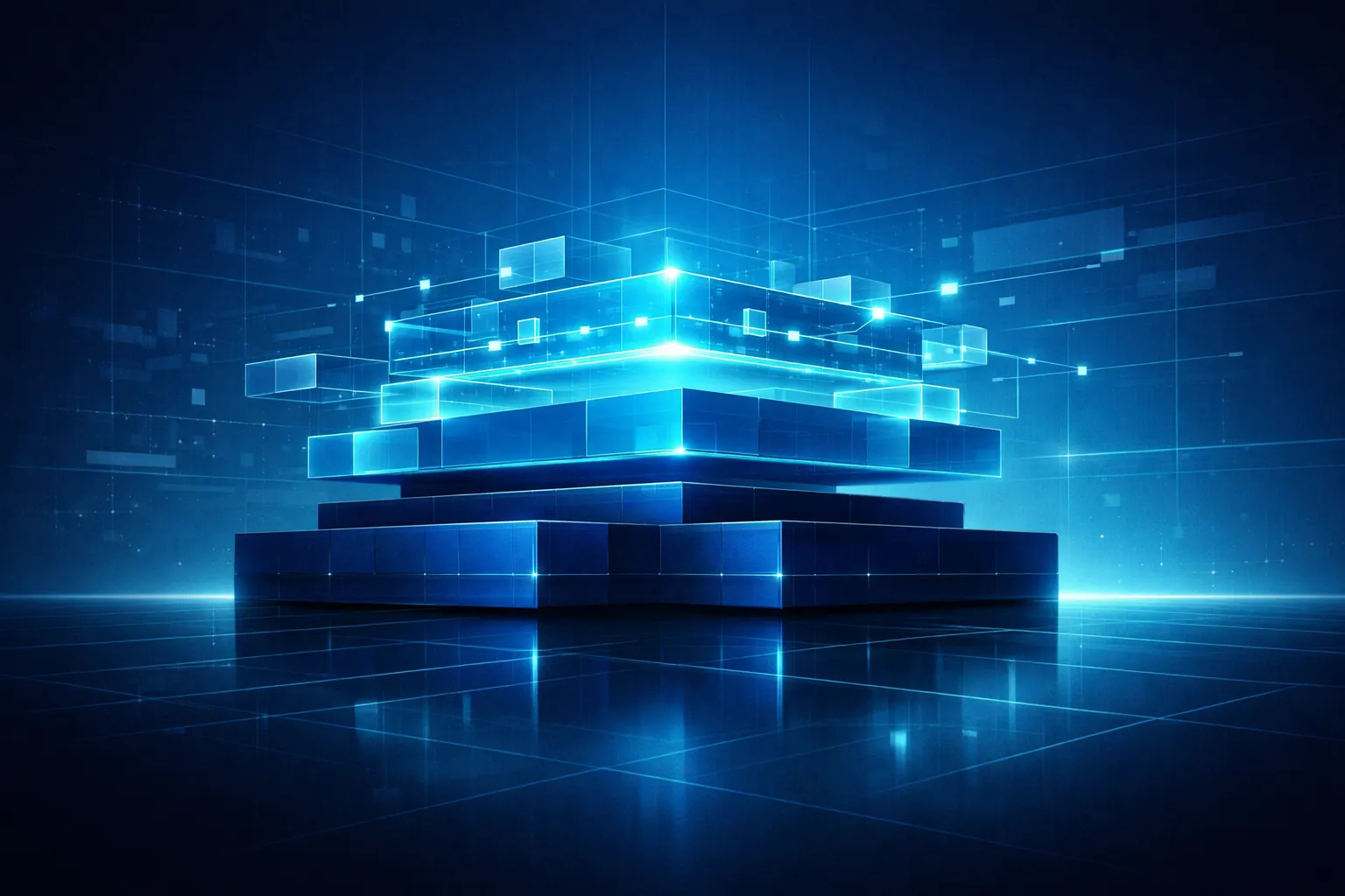 Abstract layered digital structure symbolizing owned digital property foundation and interconnected automated systems representing sovereign infrastructure for a digital asset entrepreneur
