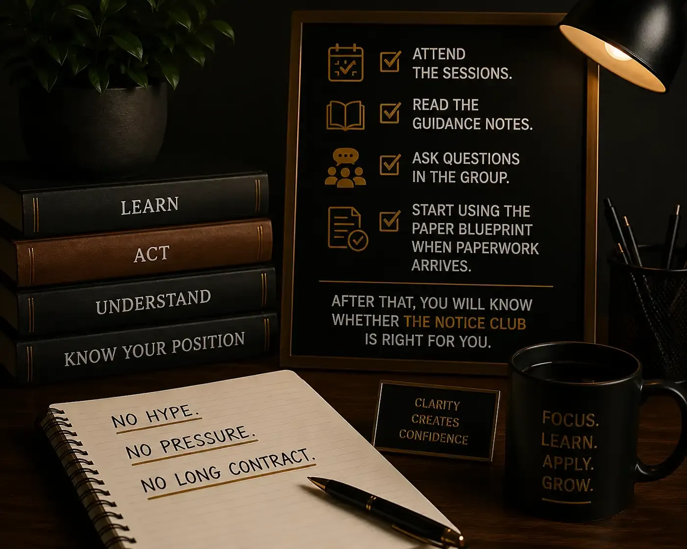 Moody desk image showing The Notice Club promise with sessions, guidance notes, group questions, and the PAPER Blueprint.