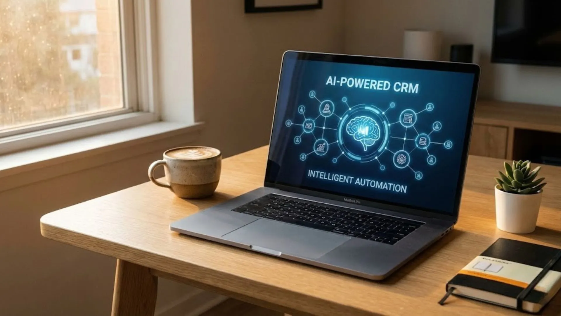 A laptop showing an AI-integrated CRM dashboard on a clean, modern desk.