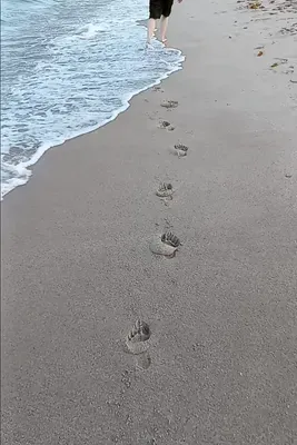footsteps at the water's edge on the beach showing the feet of the person in the distance