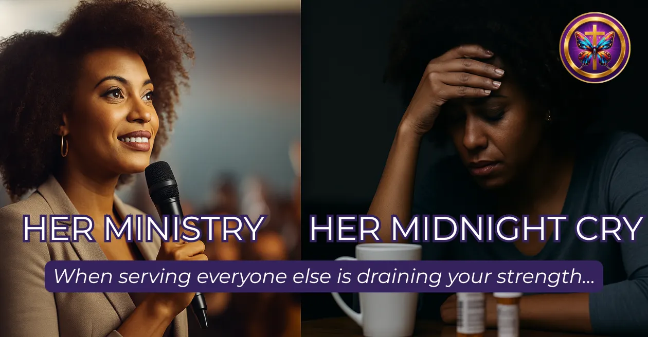 Split-screen promotional image illustrating the hidden cost of leadership and service. On the left, a confident woman speaks into a microphone before an audience, representing public leadership, ministry, and service, with the text 