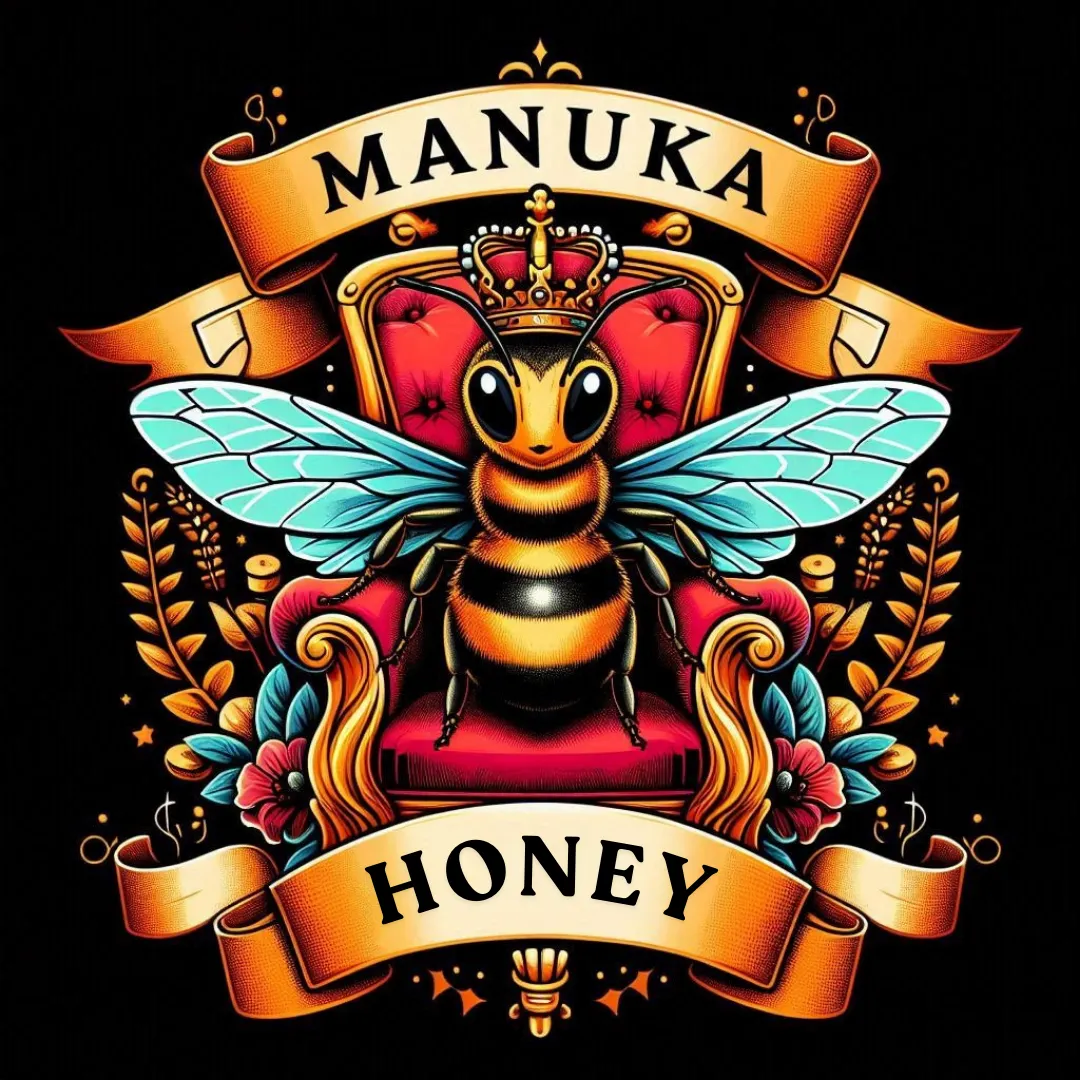 A regal illustration of a bee with blue-tinted wings sitting on a luxurious red throne, wearing a golden crown. Surrounding the bee are ornate golden banners with the words 'MANUKA HONEY' written in bold letters. The design is richly detailed with floral and decorative elements, symbolizing the premium and royal nature of Manuka honey.