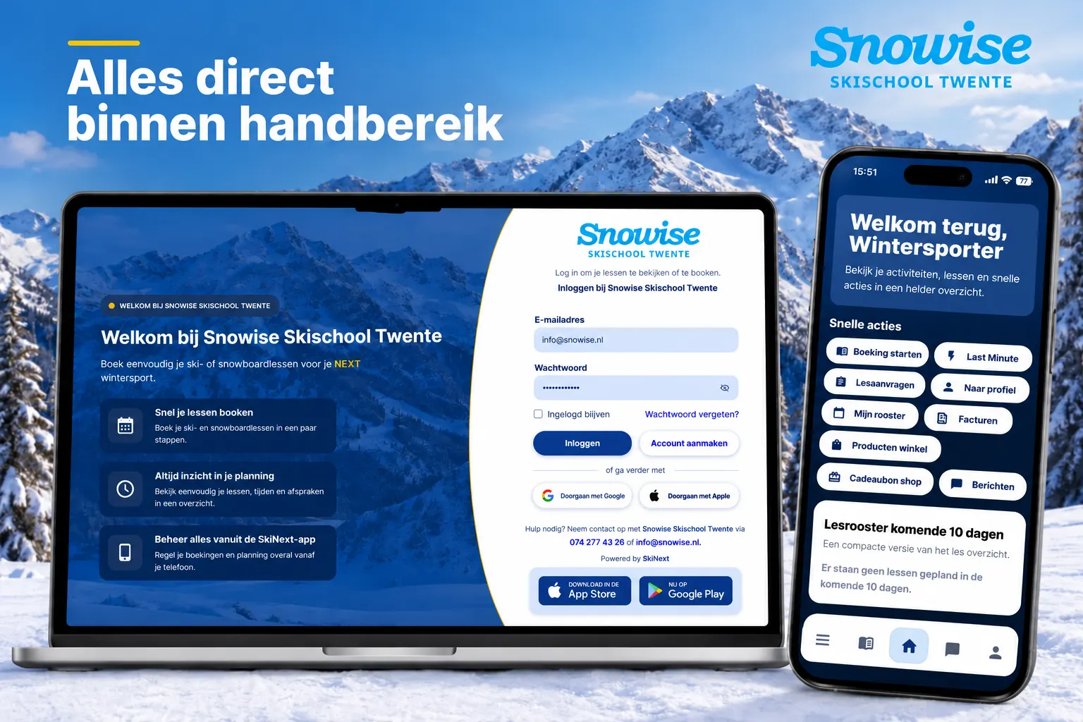 Lessen boeken in de app of op de laptop bi Snowise SkischoolTwente