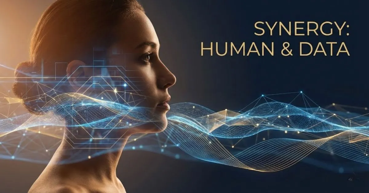 Silhouette of a business owner merging with digital abstract lines representing the creative economy.