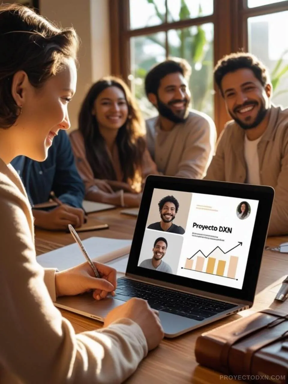 Miembros del equipo Proyecto DXN en una sesión de formación, mostrando el apoyo y las herramientas exclusivas.