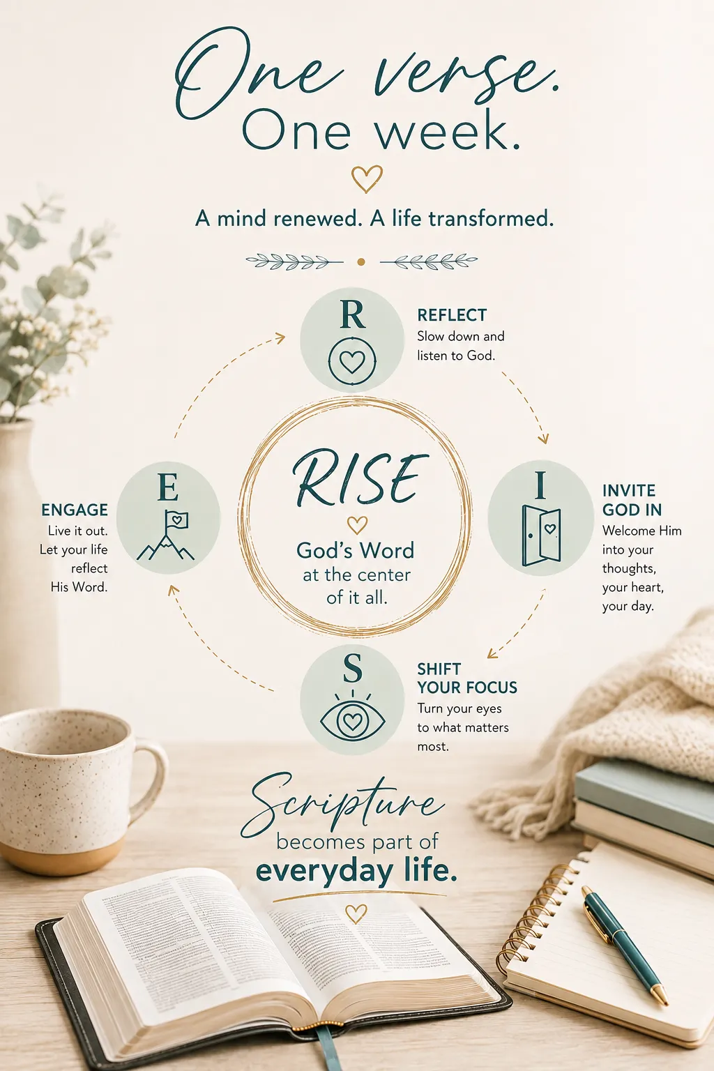 The Pages That Linger RISE framework: Reflect, Invite God In, Shift Your Focus, Engage.