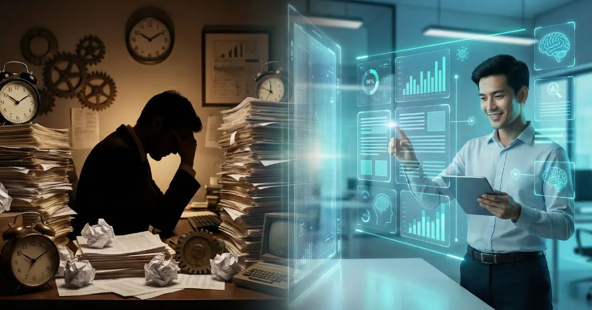 Comparison of stressed business owner vs efficient founder using AI for startups.