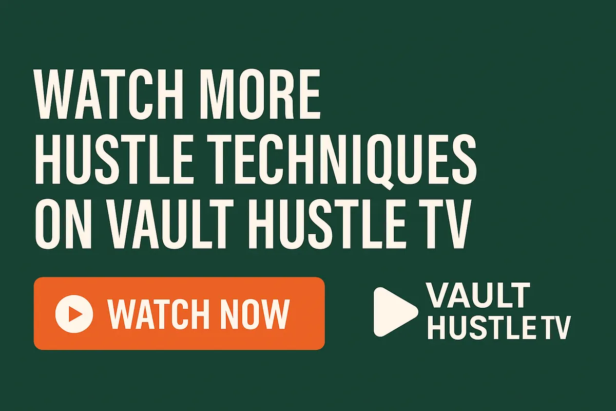 Promotional banner for Vault Hustle TV featuring Bitcoin funnel imagery and a call-to-action to watch clutter-to-Bitcoin hustle techniques.
