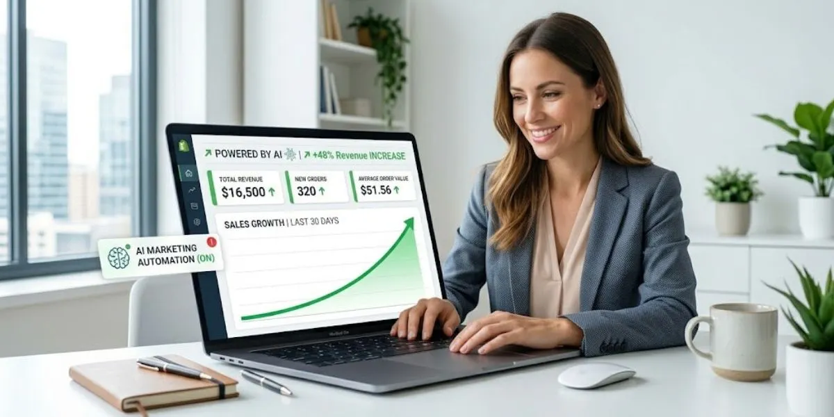An e-commerce business owner using AI marketing automation on their laptop to analyze a positive sales growth chart for their online store.
