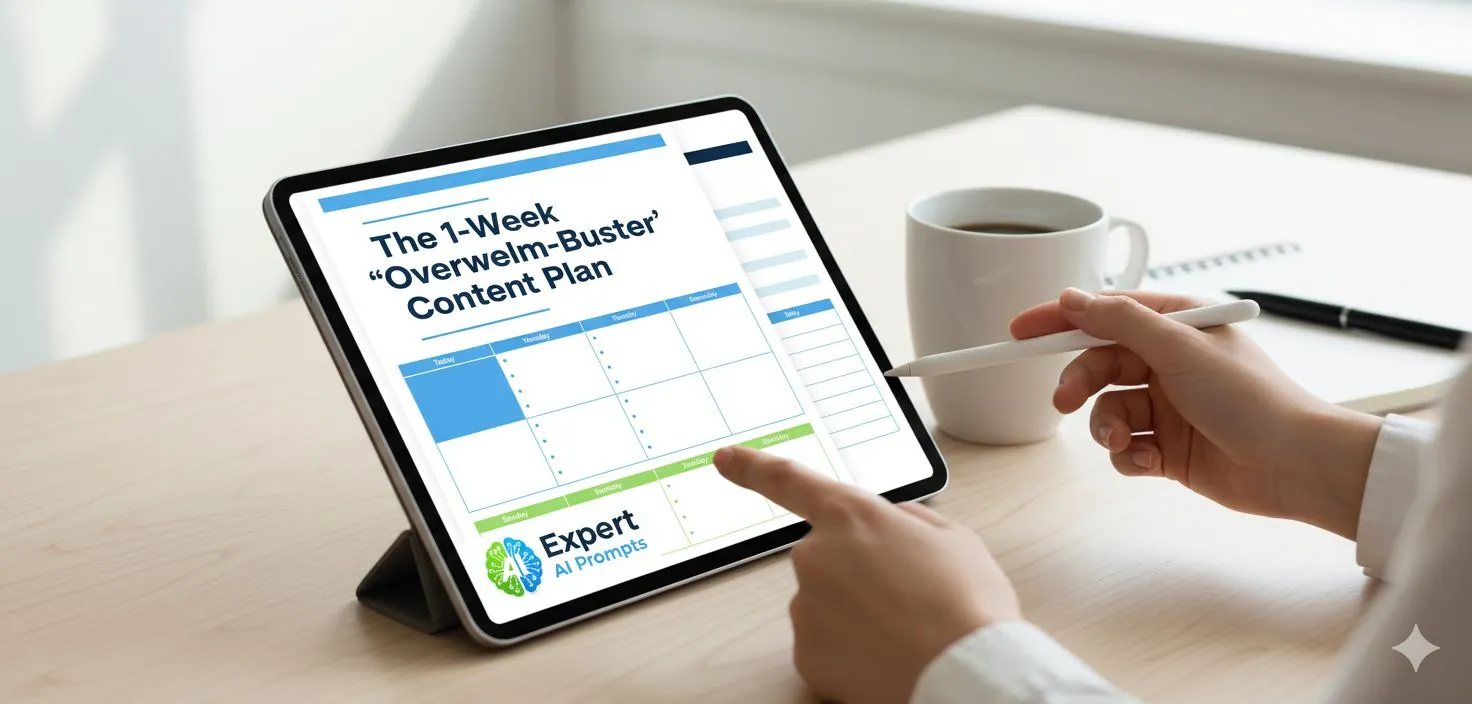 A small business owner at a clean desk using the 1-Week Overwhelm-Buster Content Plan template on their tablet.
