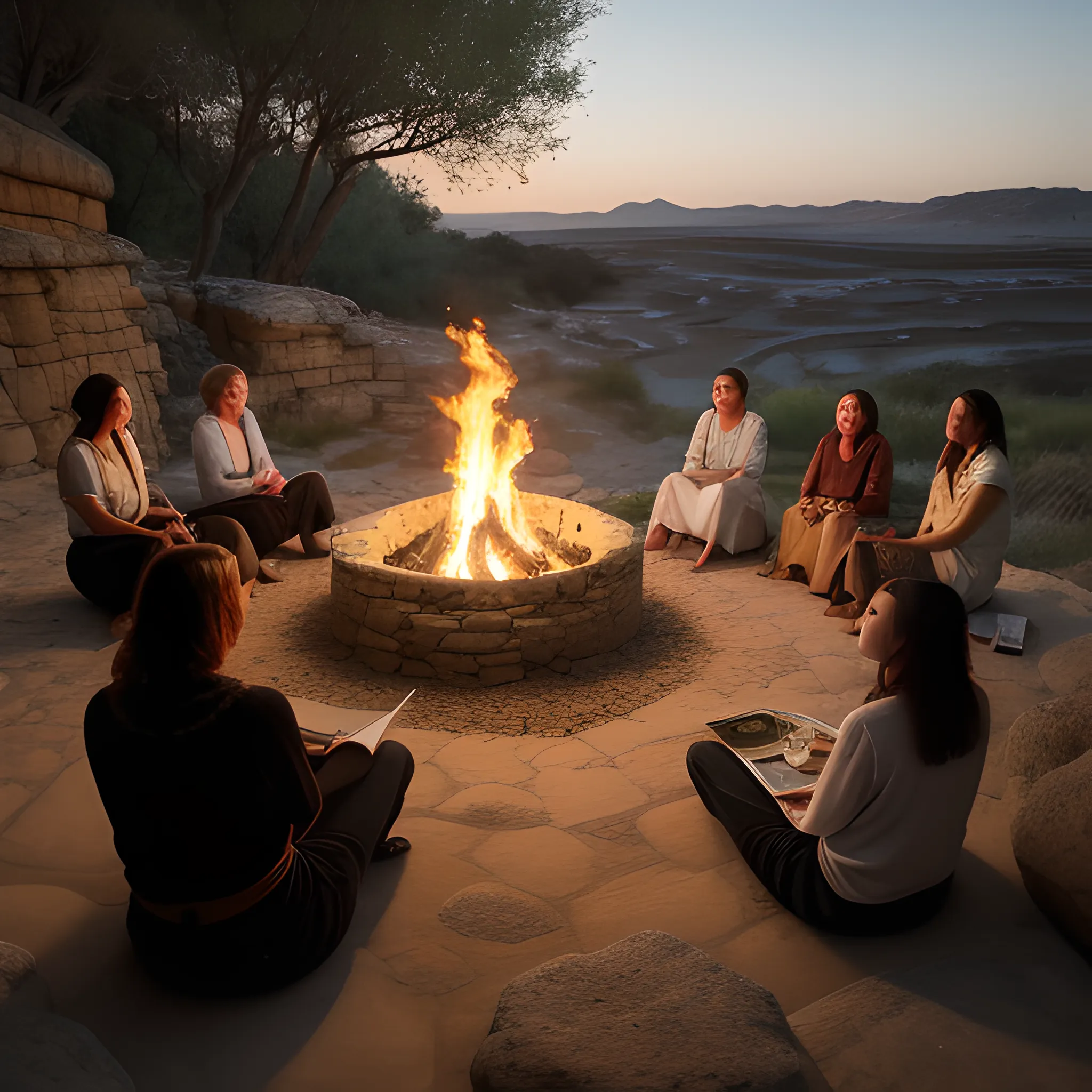 the original 7 authors sitting around the fire