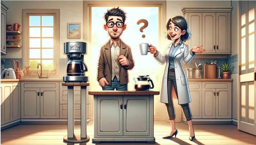 Man in kitchen looking confused in front of a coffee pot. Woman in lab coat is trying to help him.