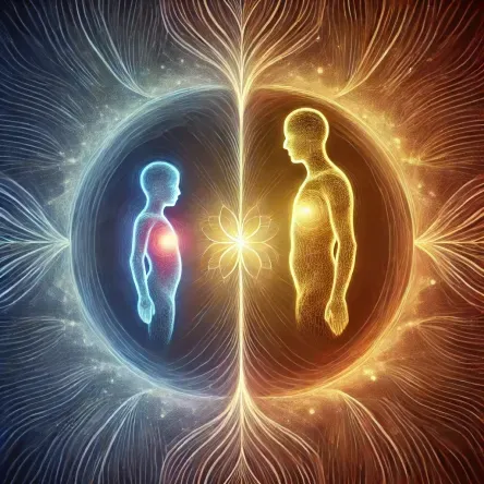 An abstract spiritual painting of two figures intertwined in luminous energy fields, symbolizing the unseen yet powerful connection between generations through Human Design and Gene Keys