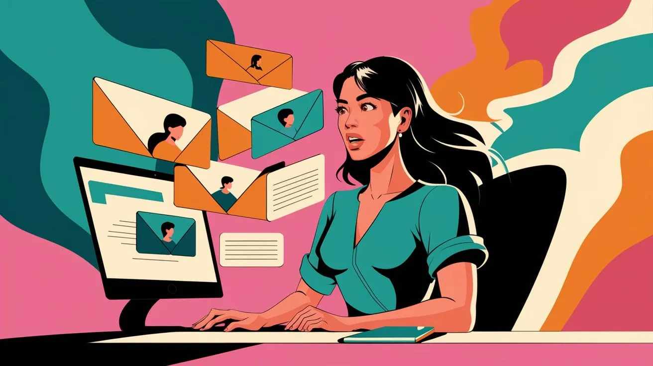 A woman in a green top sitting at a desk looking at lots of emails that surround her on a pink and orange background. She is engaged in the content they are providing. 