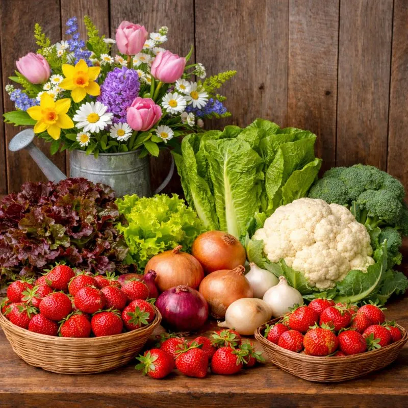 spring fresh vegetables and flowers