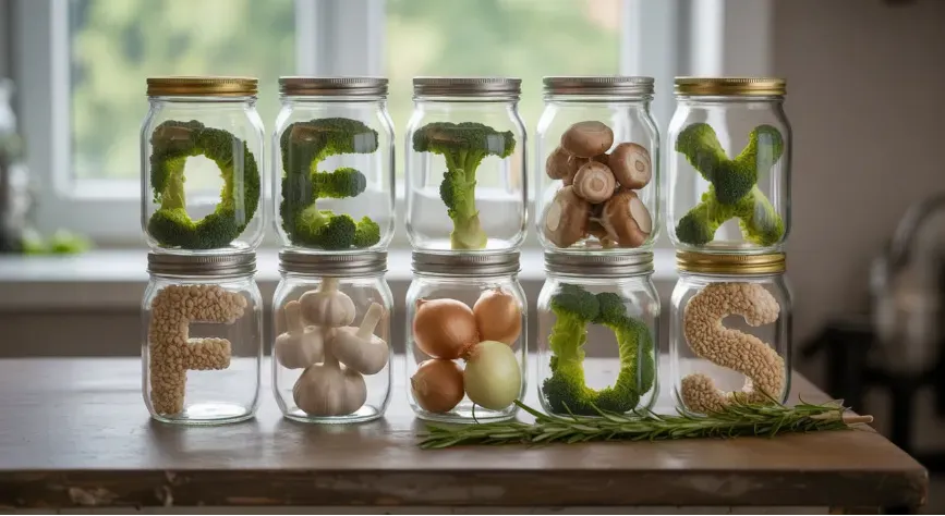 A close-up of glass jars filled with chia seeds, garlic, onions, broccoli sprouts, and mushrooms arranged as “detox foods.”