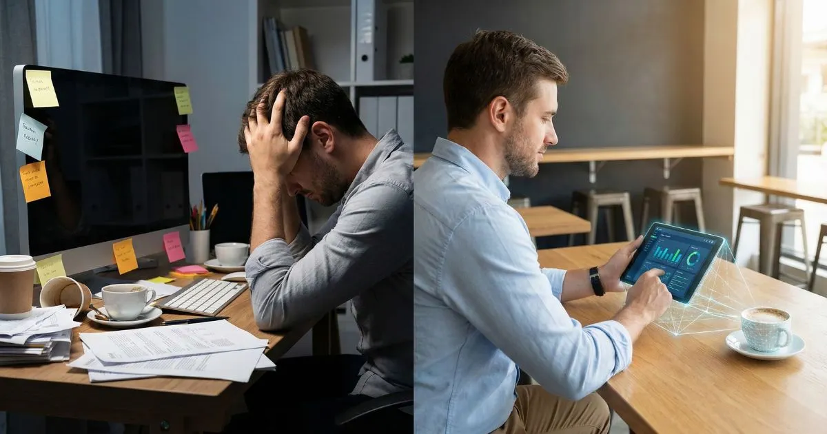 A split screen showing a stressed influencer versus a calm influencer using AI tools.