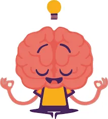 A smiling cartoon brain meditating with arms raised, representing mental clarity and stress relief.