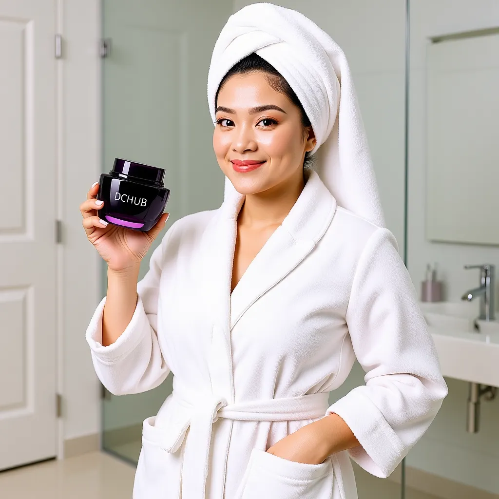 Philippine woman robe and towel holding face cream
